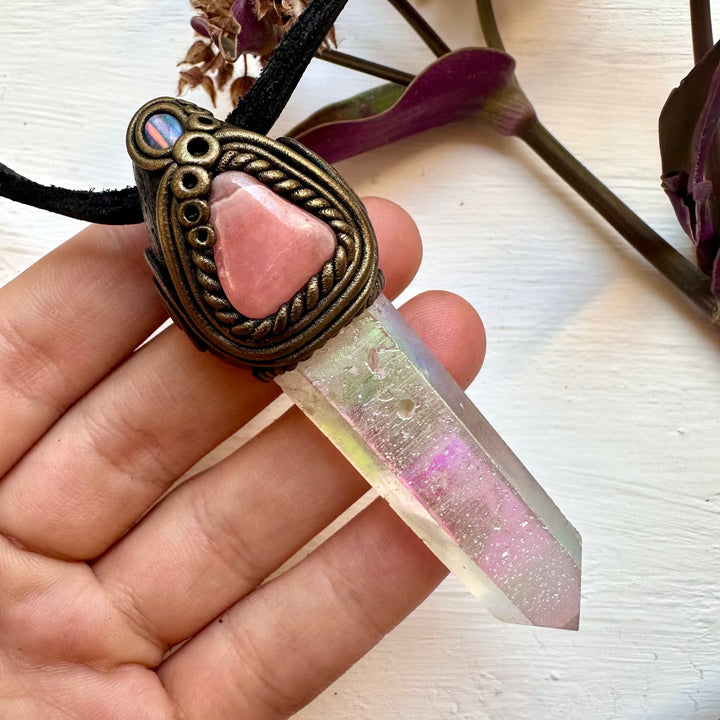 Angel Aura Quartz Rhodochrosite and Australian Opal Necklace - FairyGardenGlow
