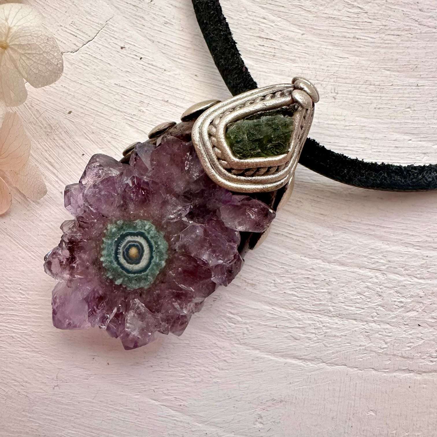 Amethyst Stalactite and Raw Moldavite Crystal Necklace - FairyGardenGlow