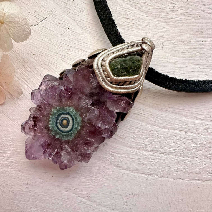 Amethyst Stalactite and Raw Moldavite Crystal Necklace - FairyGardenGlow