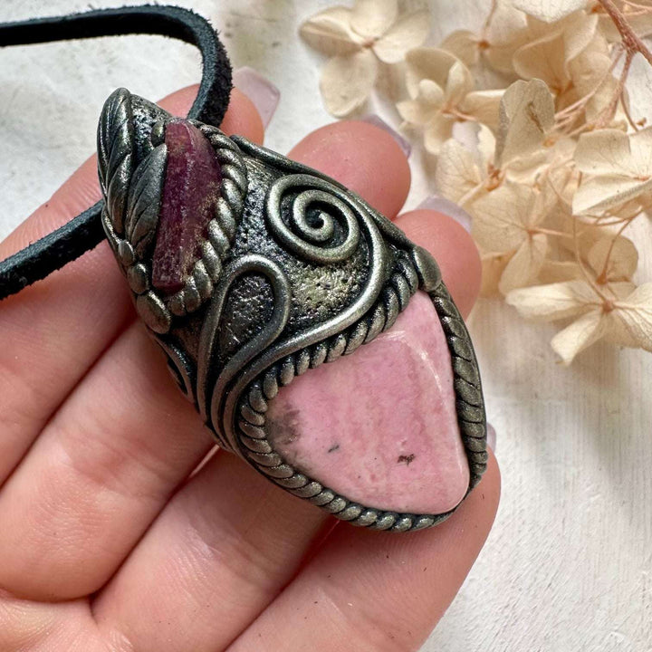 Peruvian Rhodonite and Raw Ruby Pendant Necklace - FairyGardenGlow