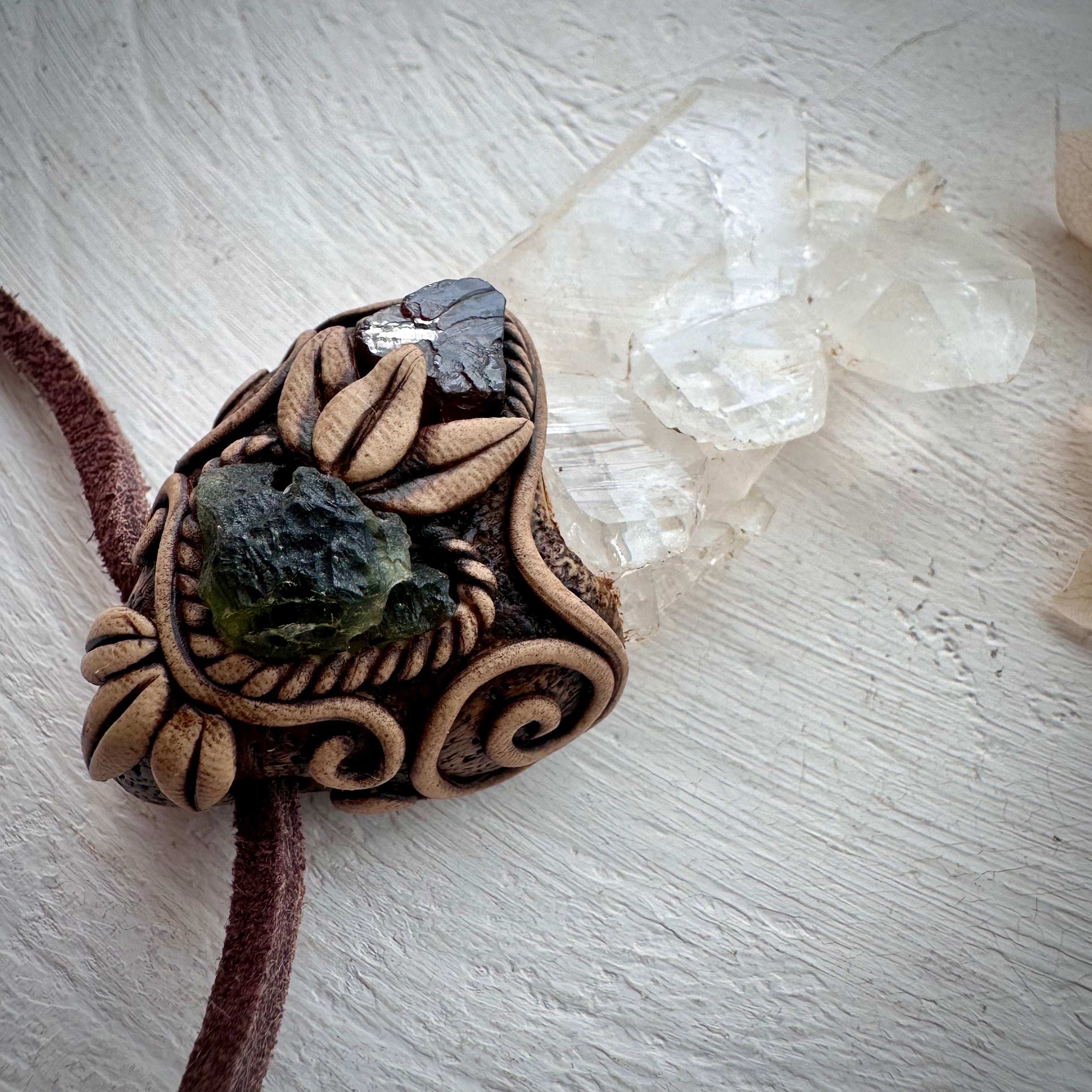 Faden Quartz Moldavite and Red Garnet Necklace - FairyGardenGlow