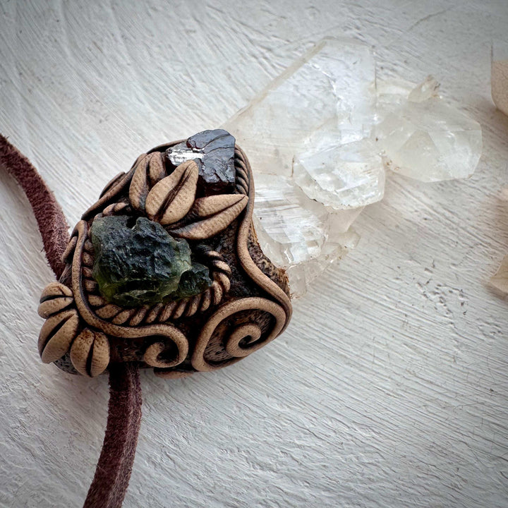 Faden Quartz Moldavite and Red Garnet Necklace - FairyGardenGlow