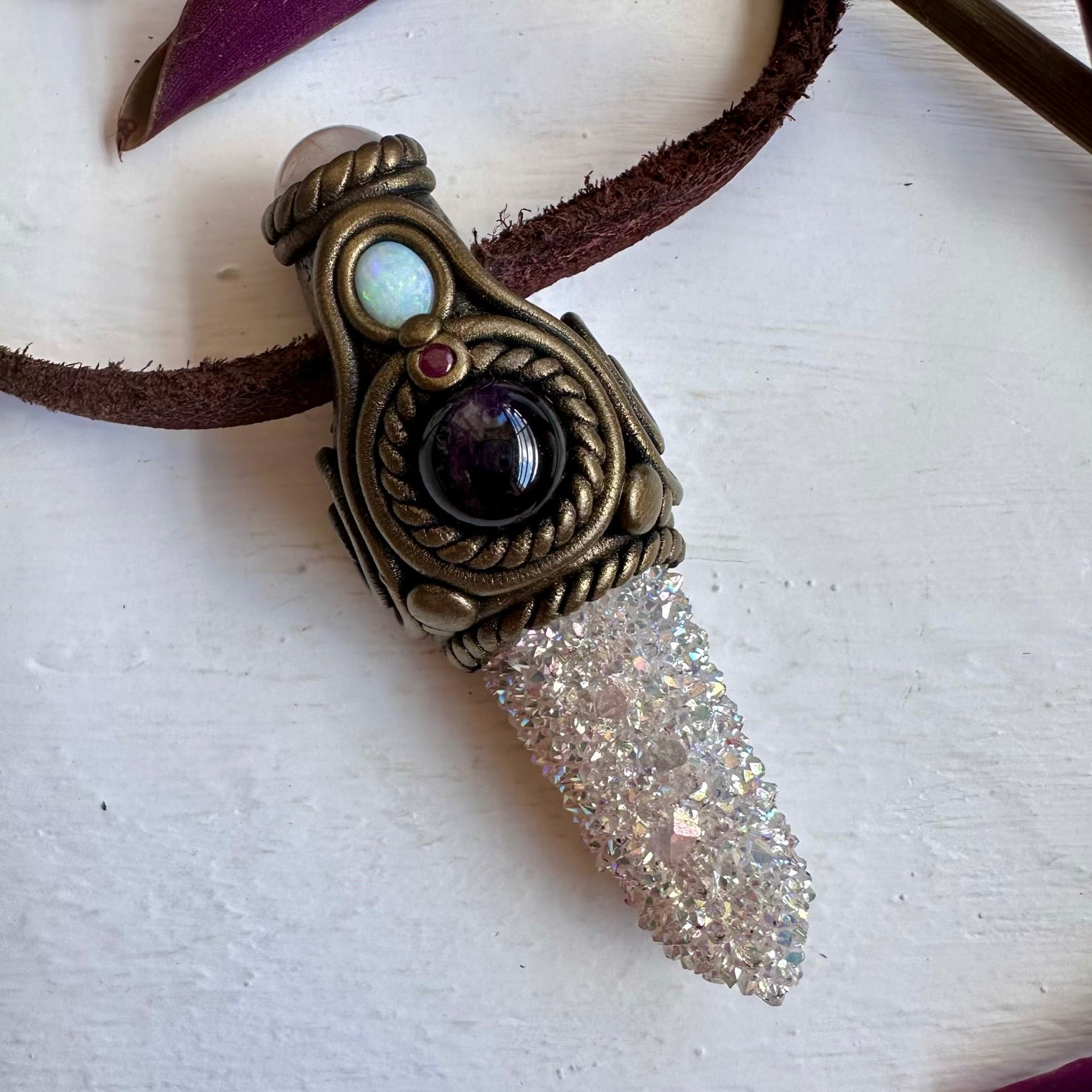 Angel Aura Spirit Quartz Morganite Amethyst Australian Opal and Ruby Pendant Necklace - FairyGardenGlow
