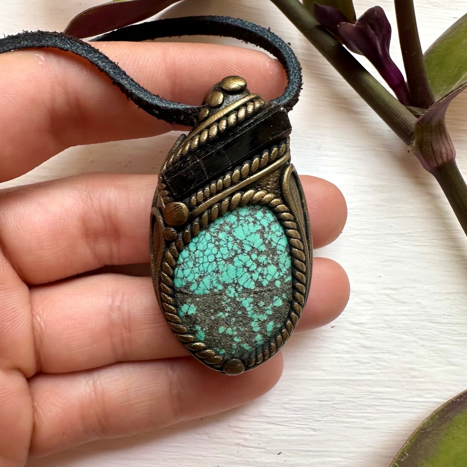Turquoise and Black Tourmaline Pendant Necklace - FairyGardenGlow