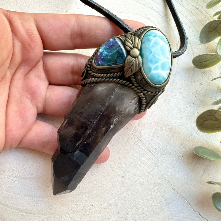 Unique aqua aura quartz crystal wand necklace protection healing crystals