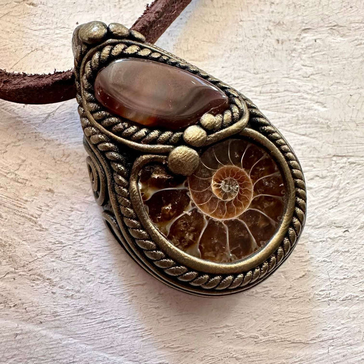 Ammonite and Fire Agate Necklace - FairyGardenGlow
