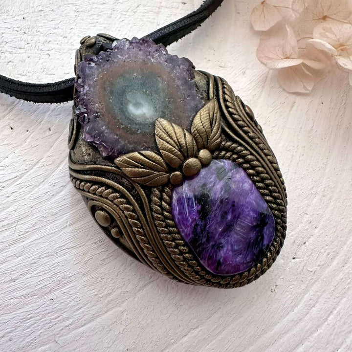 Charoite and Amethyst Stalactite Necklace - FairyGardenGlow