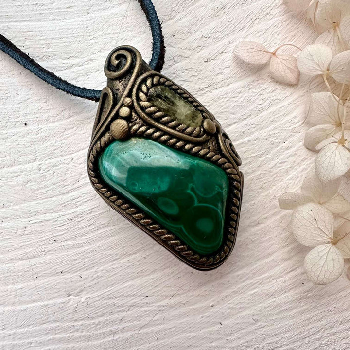Malachite and Brazilianite Pendant Necklace - FairyGardenGlow