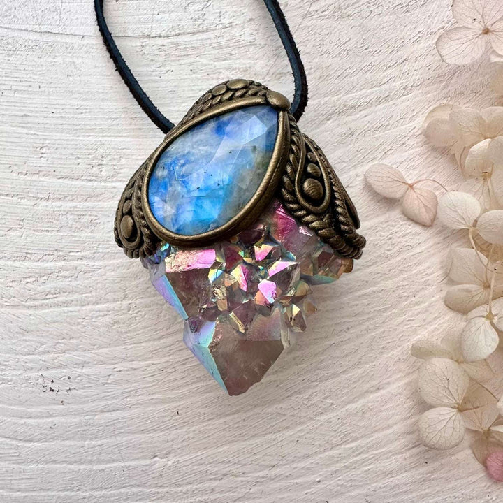Angel Aura Spirit Quartz and Rainbow Moonstone Pendant - FairyGardenGlow