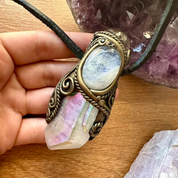 Angel Aura Quartz Smoky Quartz Sphere Moonstone and Blue Sapphire Healing Crystal Talisman - FairyGardenGlow