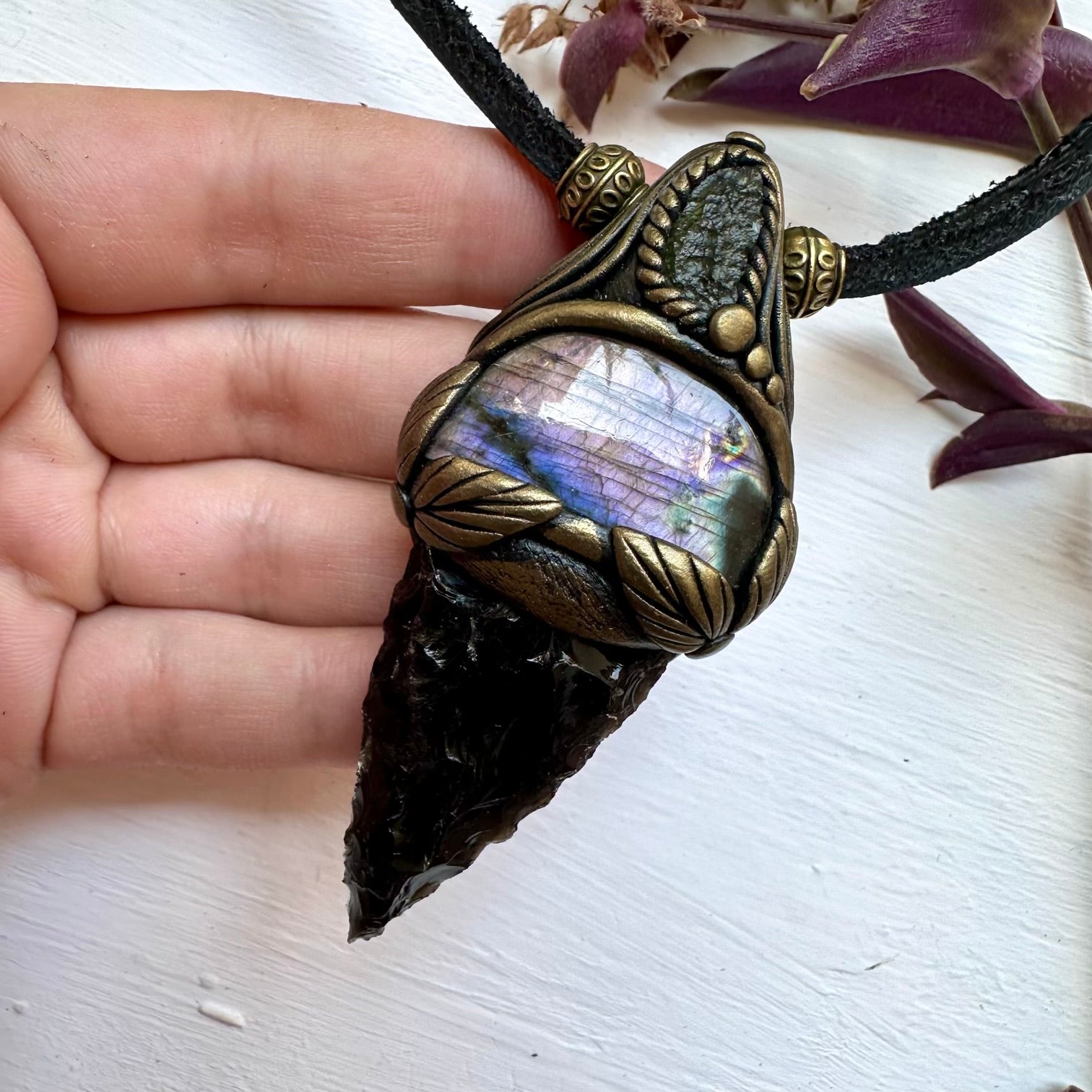 Black Obsidian Arrowhead Moldavite and Labradorite Pendant Necklace - FairyGardenGlow