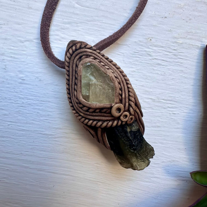 Moldavite and Hiddenite Pendant Necklace - FairyGardenGlow