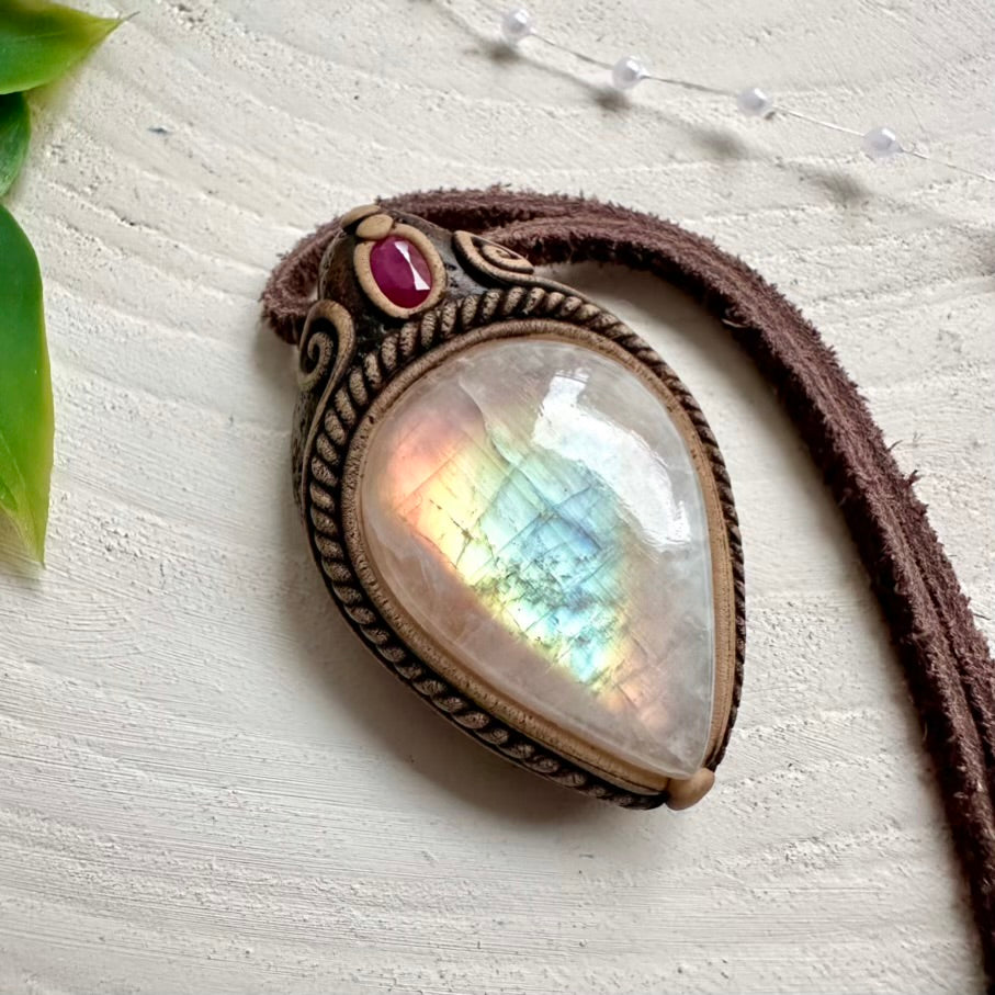 Rainbow Moonstone and Ruby Necklace