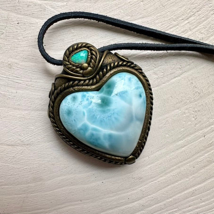 Larimar Heart and Australian Opal Necklace FairyGardenGlow