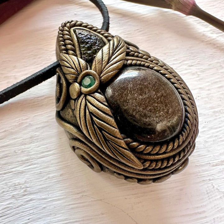 Gold Sheen Obsidian Moldavite and Emerald Necklace - FairyGardenGlow