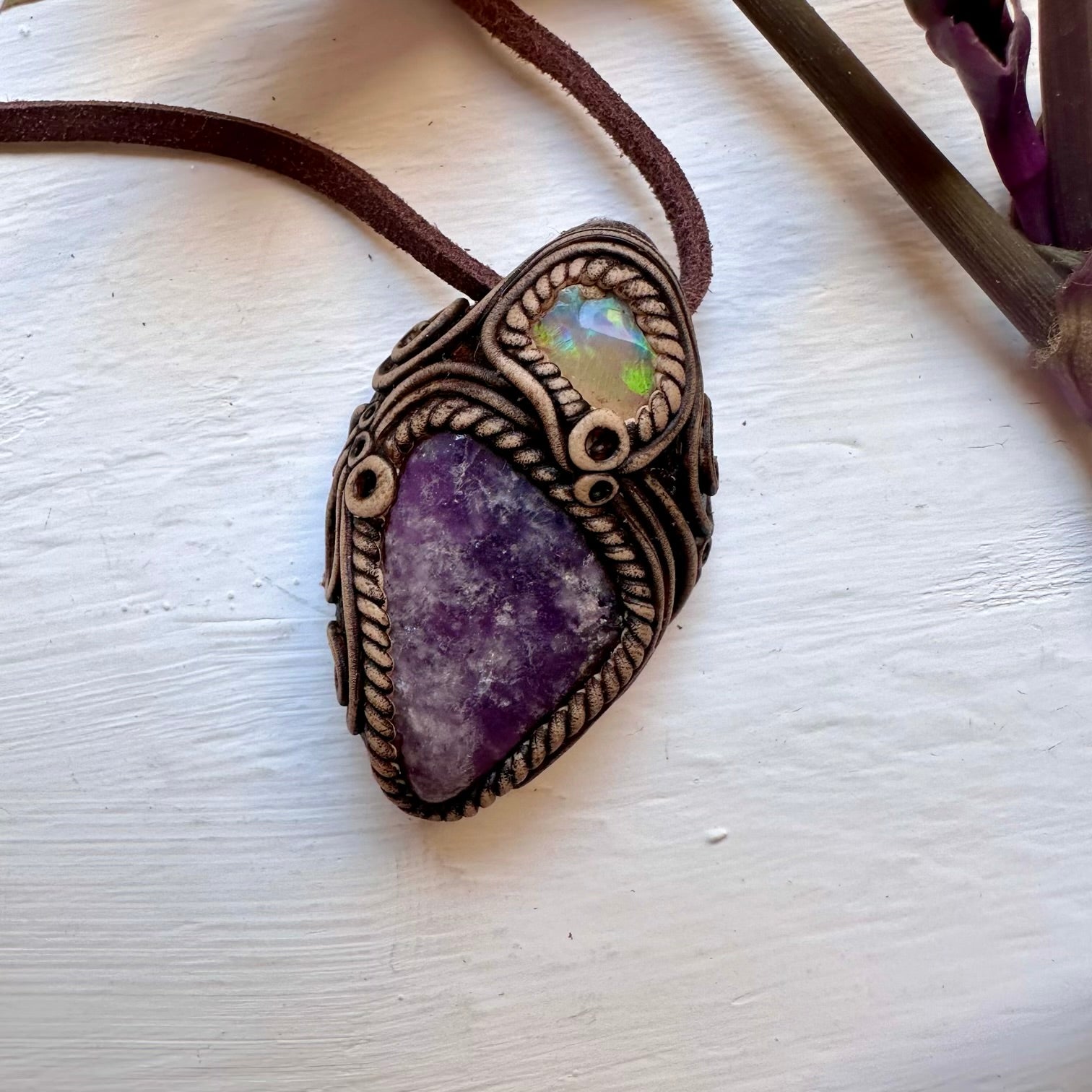 Lepidolite and Raw Opal Necklace - FairyGardenGlow