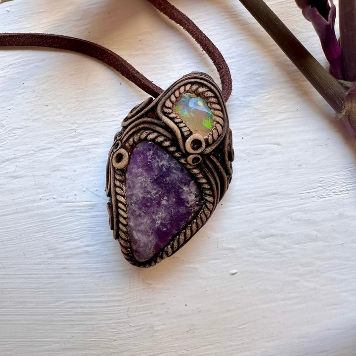 Lepidolite and Raw Opal Necklace - FairyGardenGlow