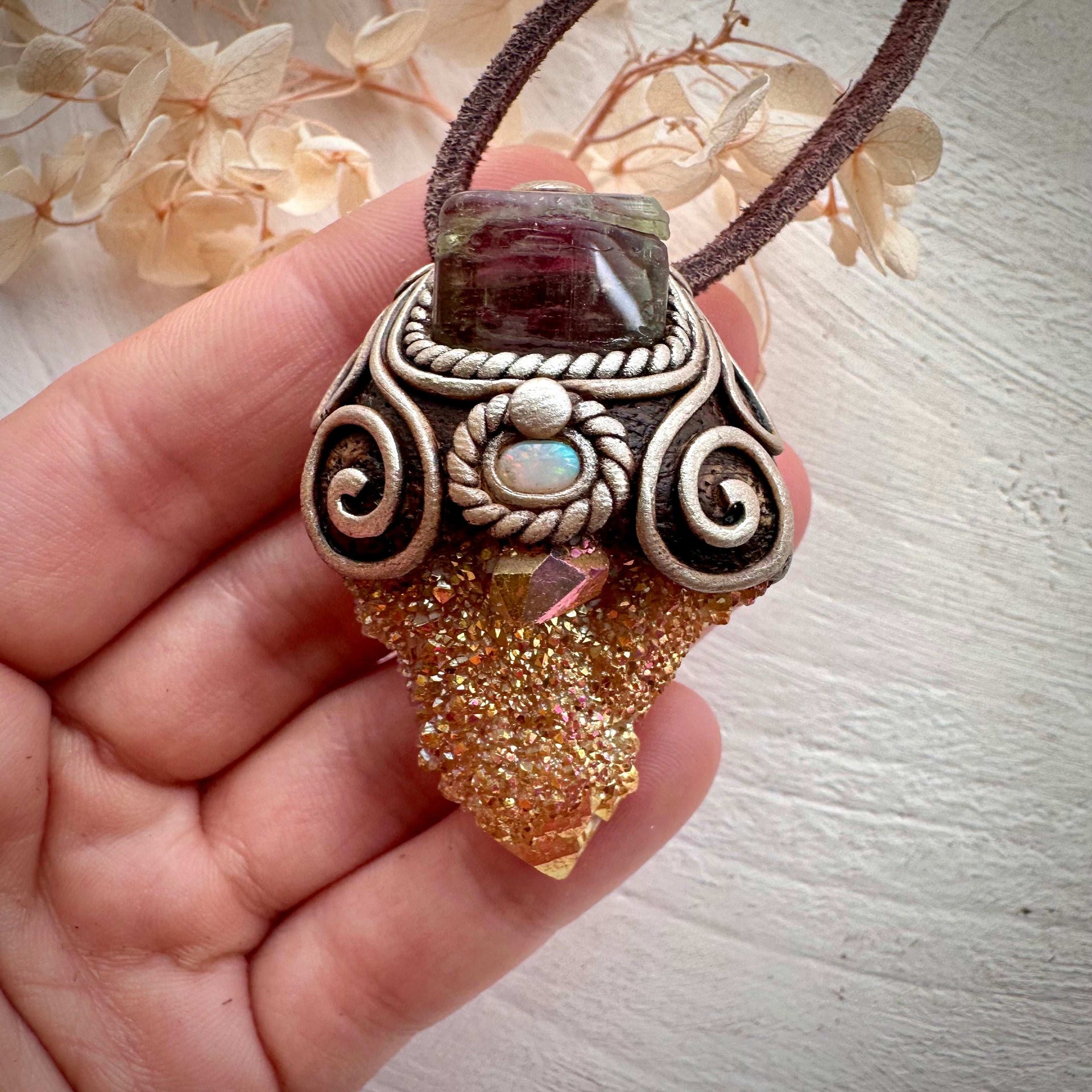 Sunset Aura Spirit Quartz with Bi Color Tourmaline and Australian Opal Necklace - FairyGardenGlow