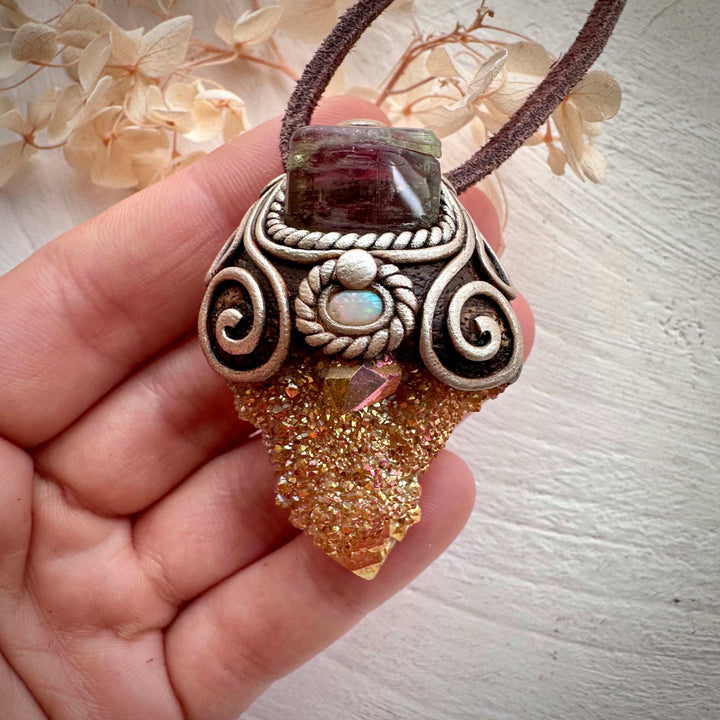 Sunset Aura Spirit Quartz with Bi Color Tourmaline and Australian Opal Necklace - FairyGardenGlow
