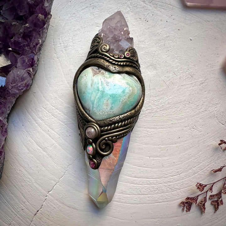 Angel Aura Lemurian Quartz Spirit Quartz Caribbean Calcite Heart Morganite Opal Spinel and Ruby Wand - FairyGardenGlow