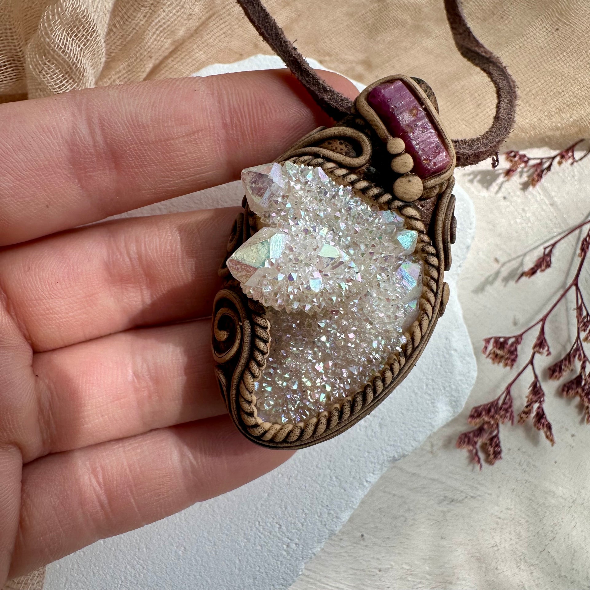 Angel Aura Spirit Quartz and Raw Ruby Necklace