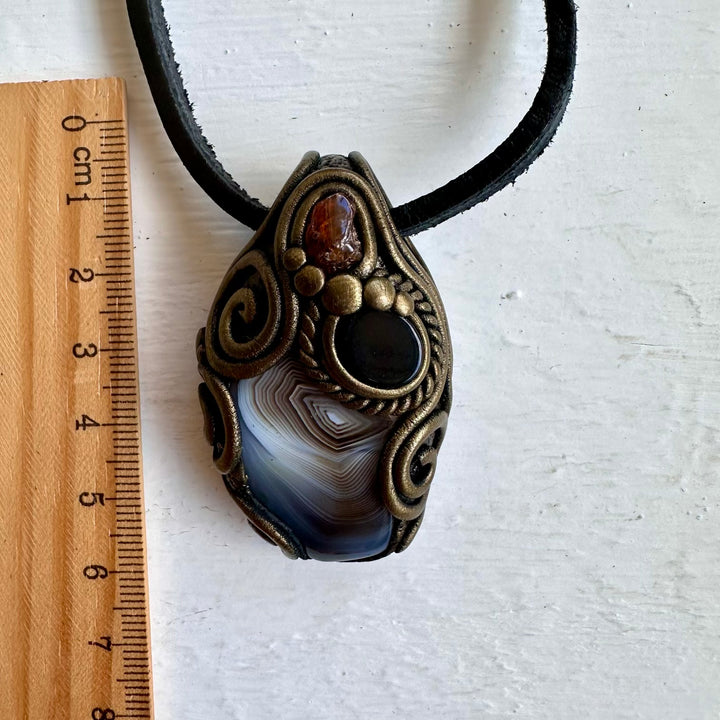 Botswana Agate Black Onyx and Hessonite Garnet Pendant Necklace - FairyGardenGlow