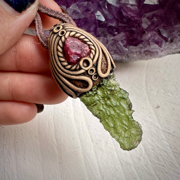 Moldavite and Raw Spinel Necklace - FairyGardenGlow