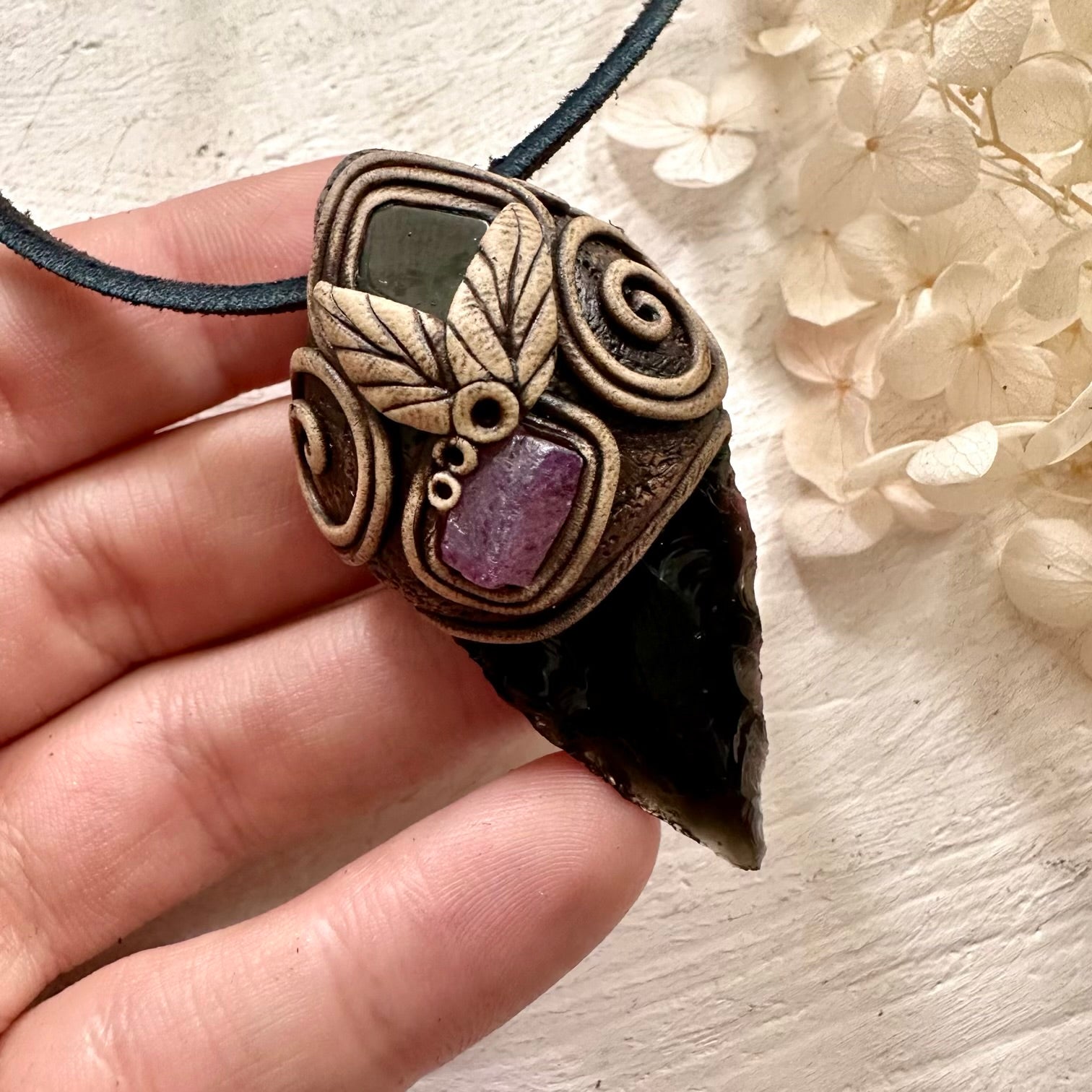 Black Obsidian Arrowhead Ruby and Dravite Pendant Necklace - FairyGardenGlow
