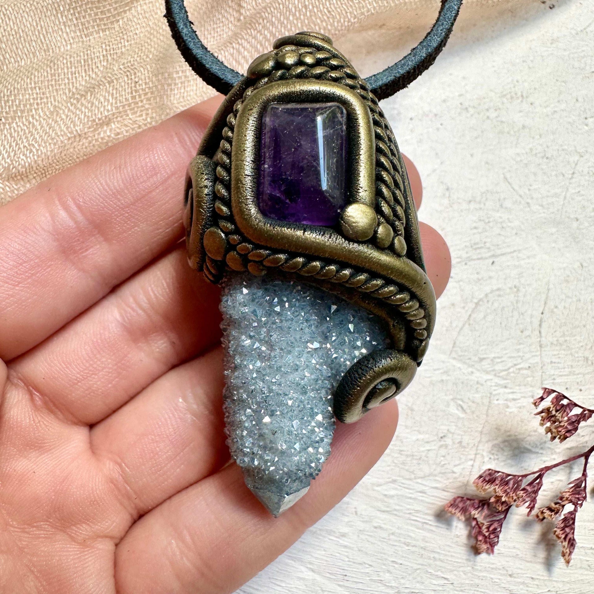 Aqua Aura Spirit Quartz and Amethyst Pendant Necklace - FairyGardenGlow