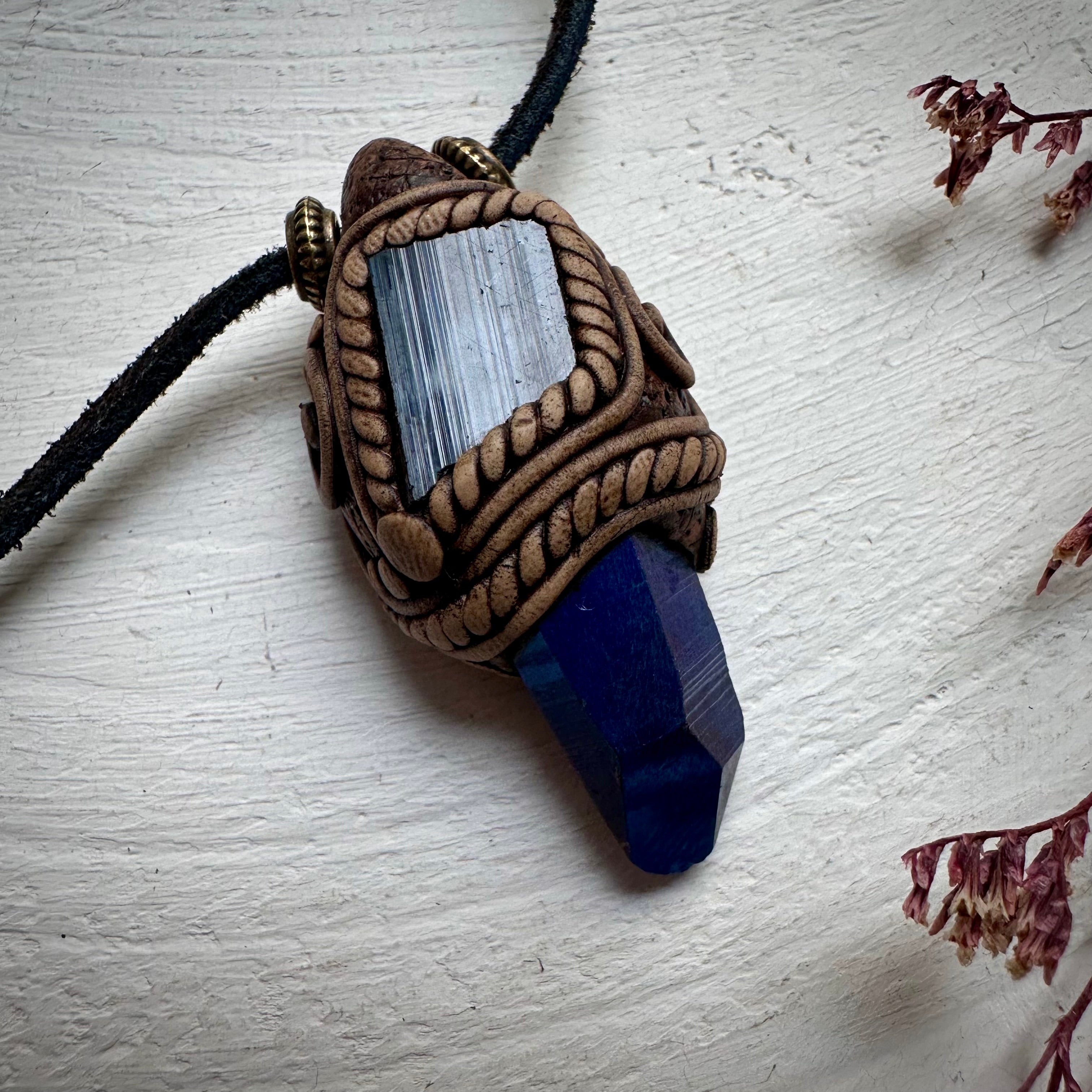 Cobalt Aura Quartz and Black Tourmaline Pendant Necklace - FairyGardenGlow
