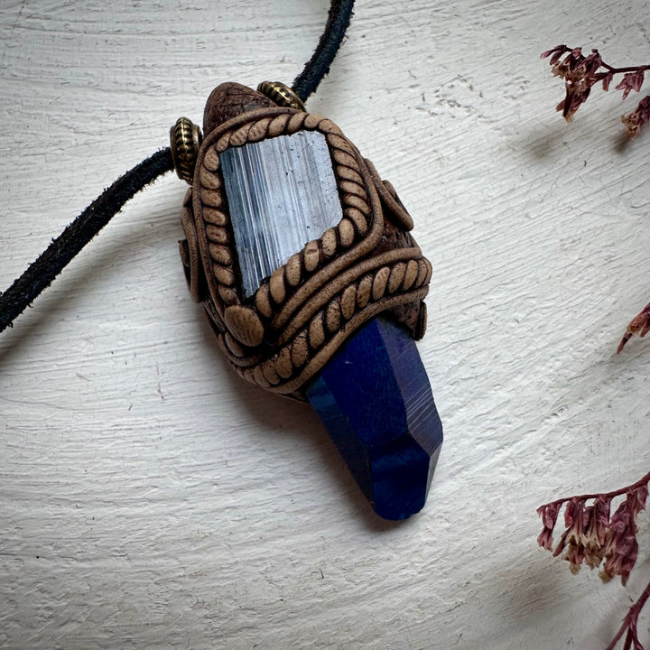 Cobalt Aura Quartz and Black Tourmaline Pendant Necklace - FairyGardenGlow