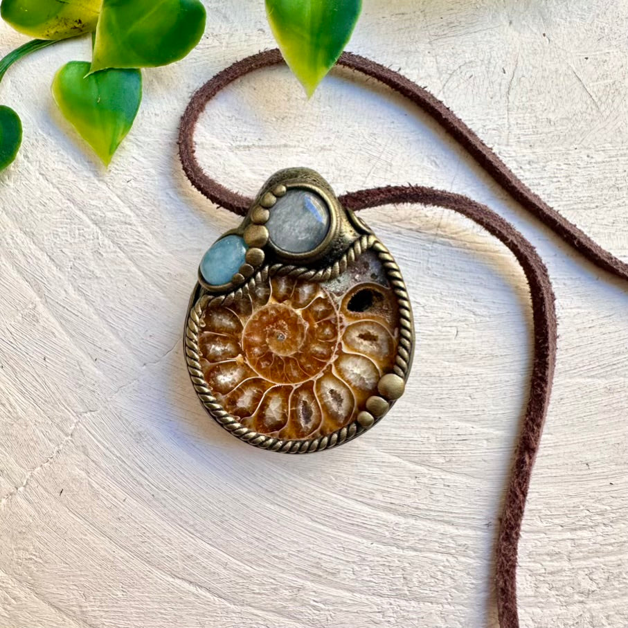 Ammonite with Clear Quartz and Aquamarine Pendant Necklace, Protection Jewelry