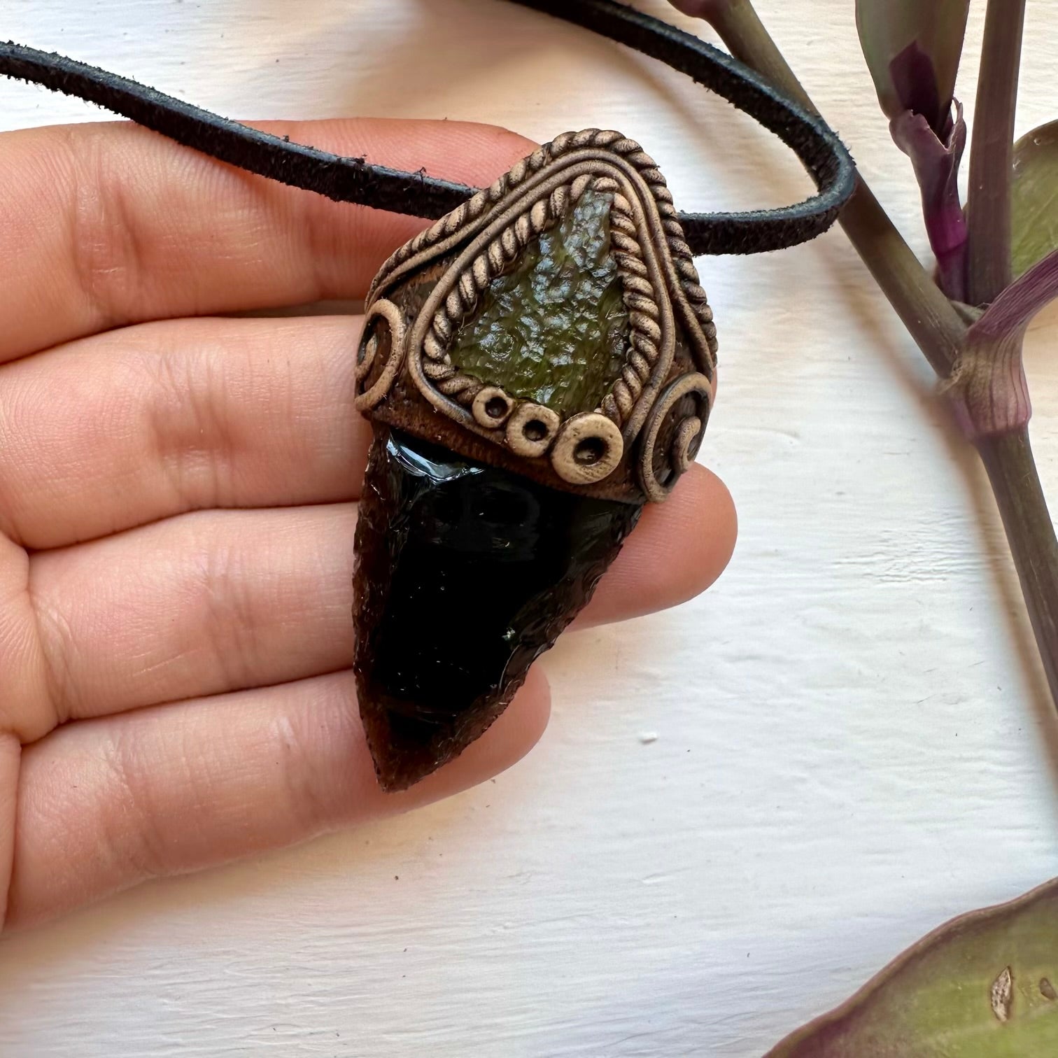 Black Obsidian Arrowhead and Moldavite Necklace - FairyGardenGlow