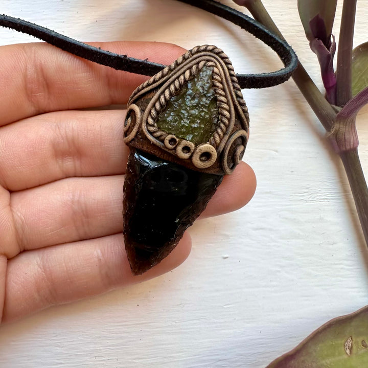 Black Obsidian Arrowhead and Moldavite Necklace - FairyGardenGlow