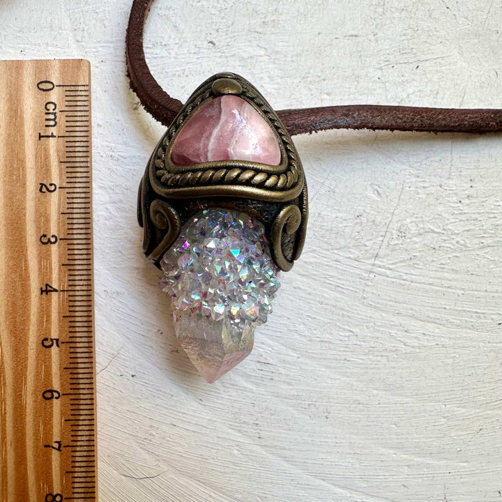 Angel Aura Spirit Quartz and Rhodochrosite Crystal Necklace - FairyGardenGlow