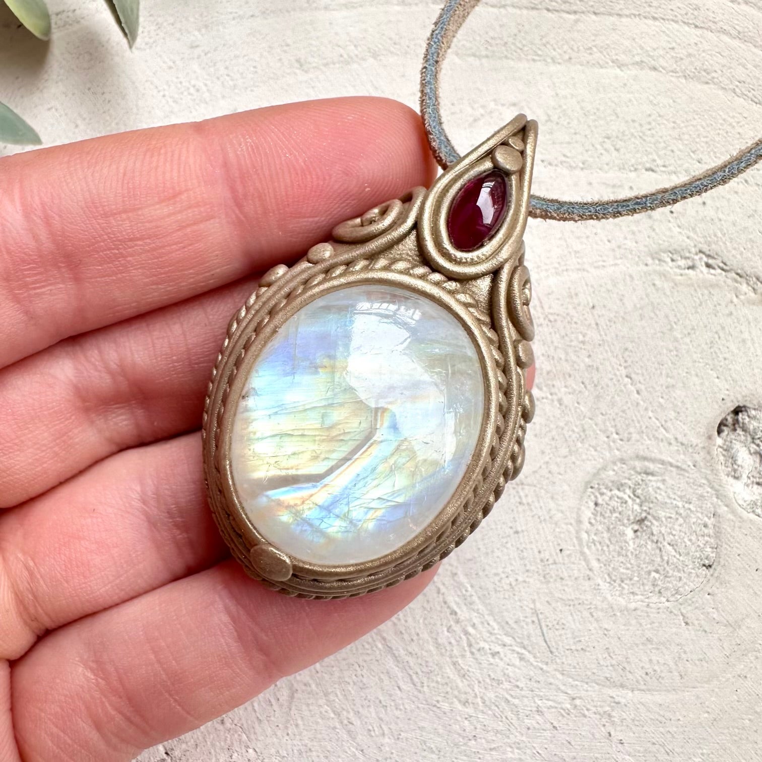 Rainbow Moonstone and Rhodolite Garnet Necklace