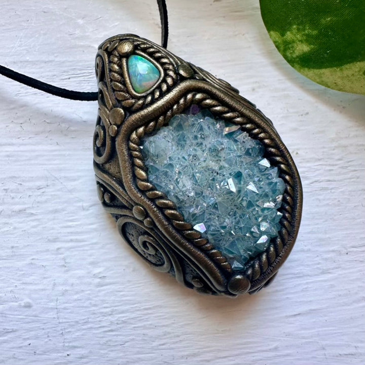 Aqua Aura Quartz Cluster and Australian Opal Necklace - FairyGardenGlow