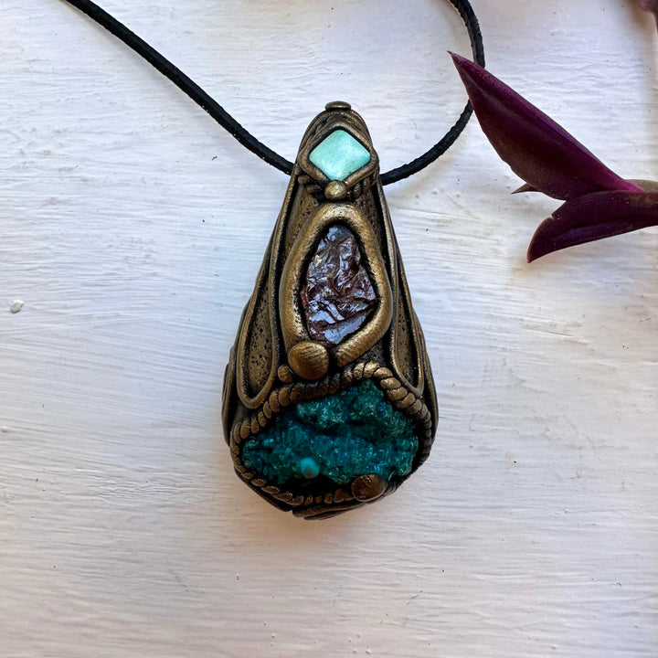 Raw Chrysocolla Red Garnet and Tibetan Turquoise Necklace - FairyGardenGlow
