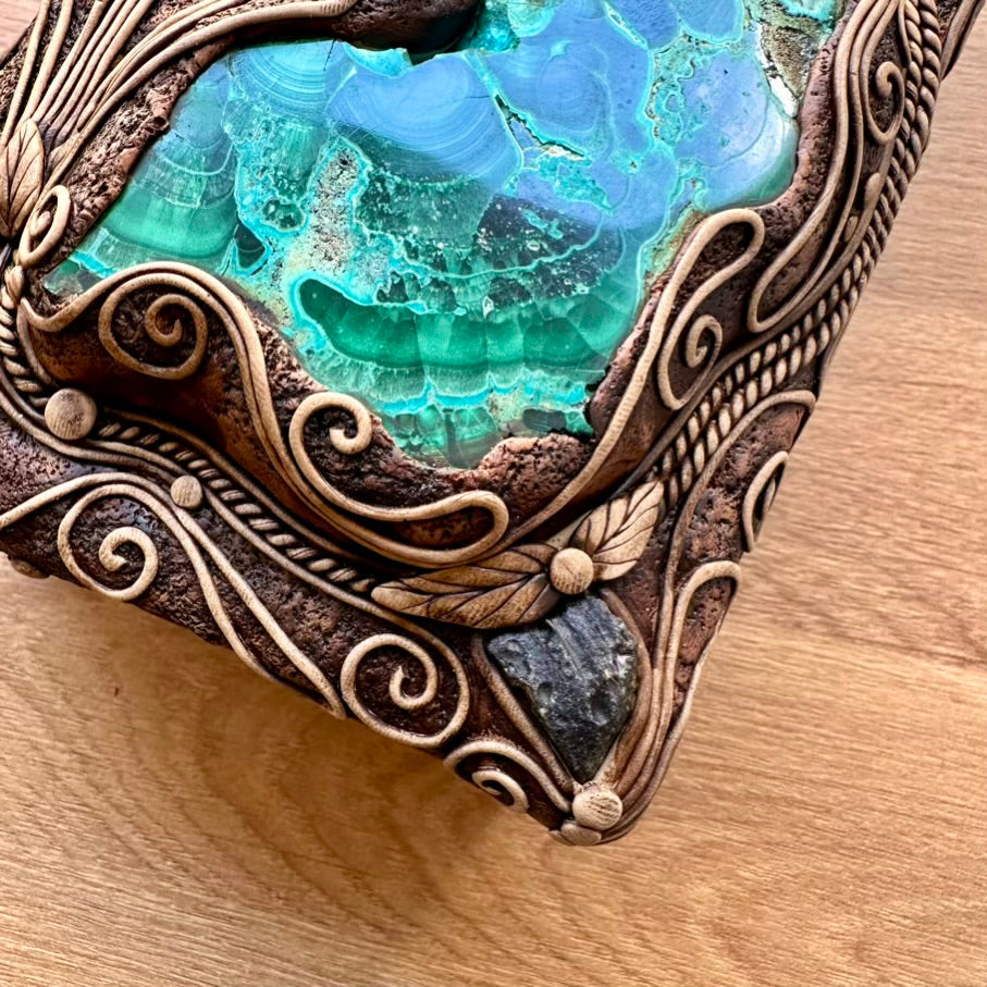 Wooden Box Decorated with Crystals, Handmade Crystal Box, Unique Home Decor with Crysocolla Malachite, Ayahuasca Slice, Labradorite, Atacama Opal, Blue Sapphire and Moldavite - FairyGardenGlow