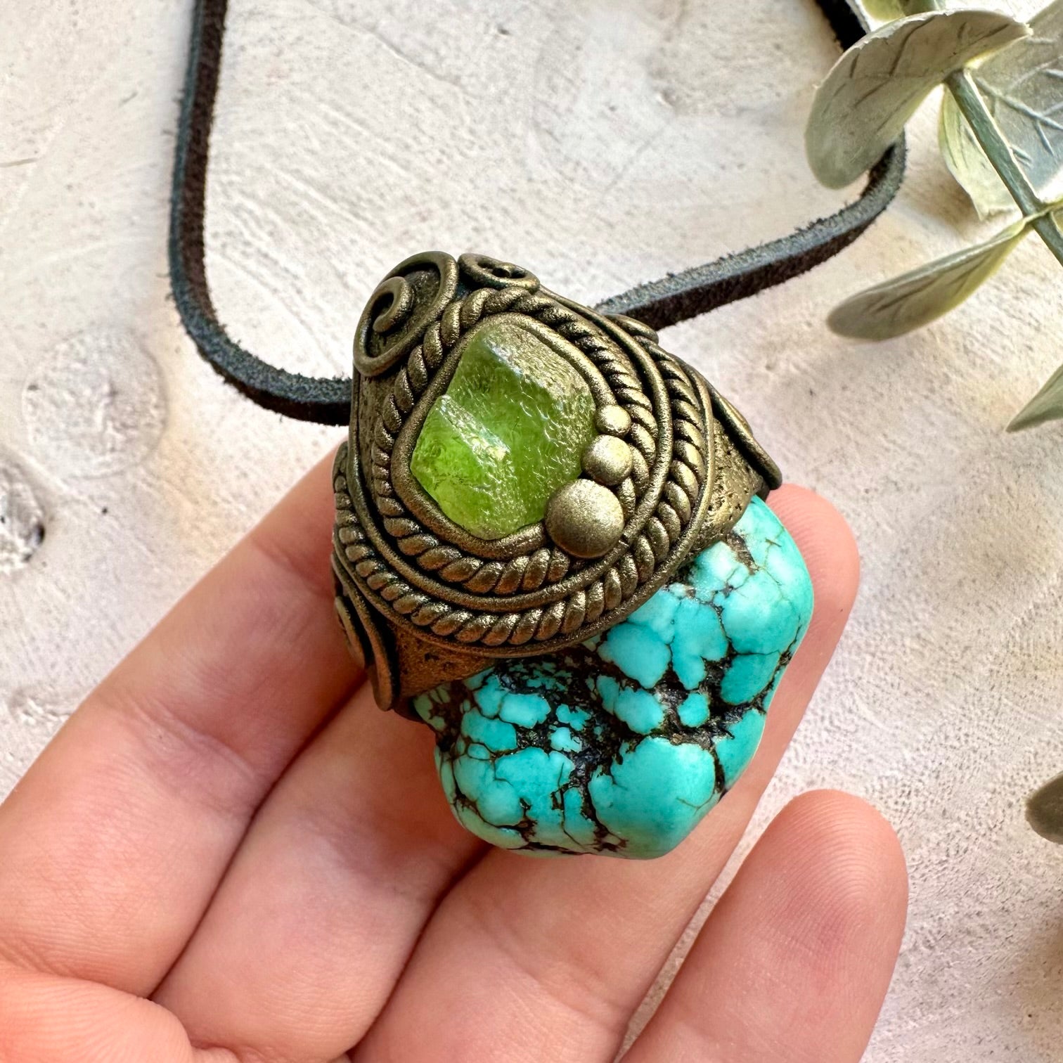 Turquoise and Peridot necklace handcrafted as unisex healing crystal jewelry.