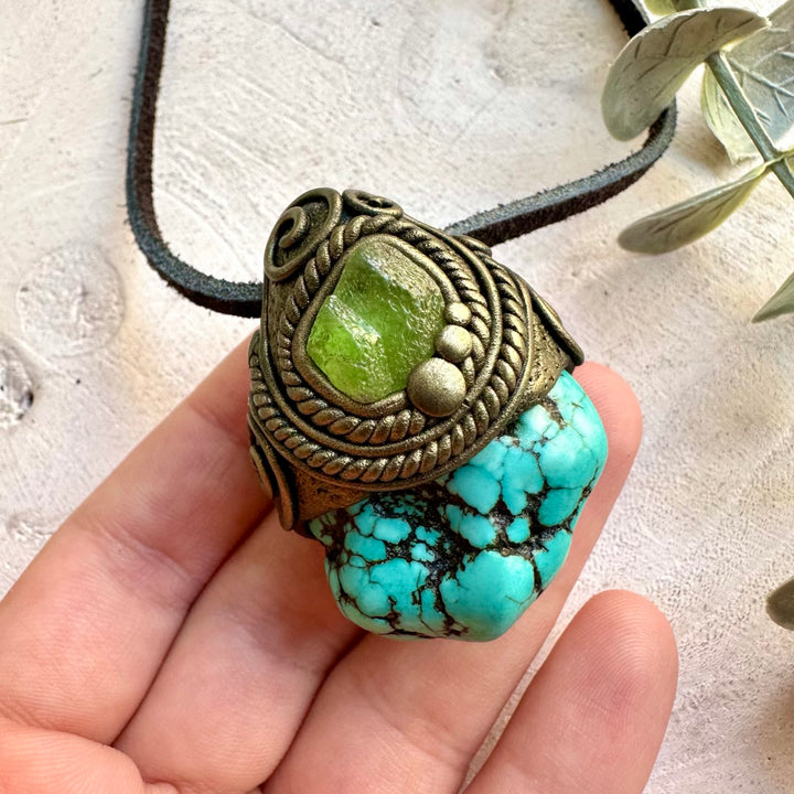 Turquoise and Peridot necklace handcrafted as unisex healing crystal jewelry.