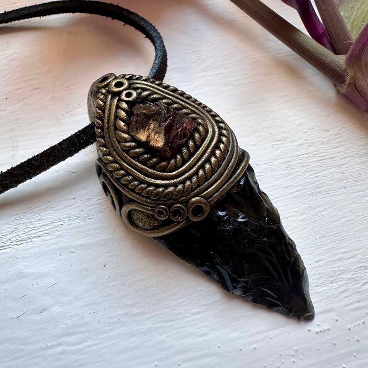 Black Obsidian Arrowhead and Red Garnet Necklace - FairyGardenGlow