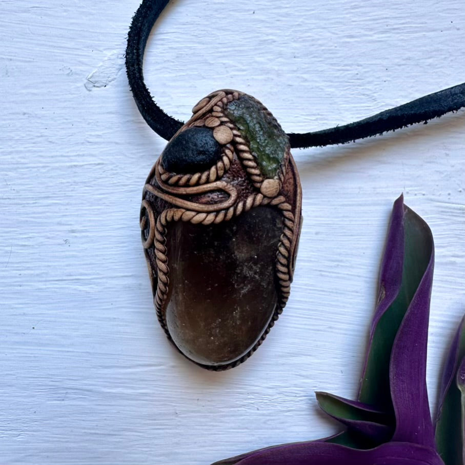 Citrine Moldavite and Black Tektite Necklace, Healing Crystal Jewelry - FairyGardenGlow