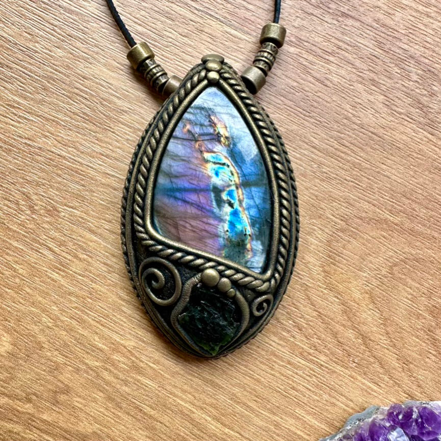 Purple Labradorite and Moldavite Necklace, Handmade Protection Amulet - FairyGardenGlow
