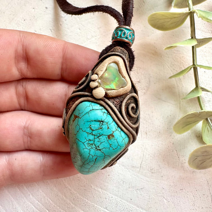 protection amulet unisex pendant with natural turquoise and opal