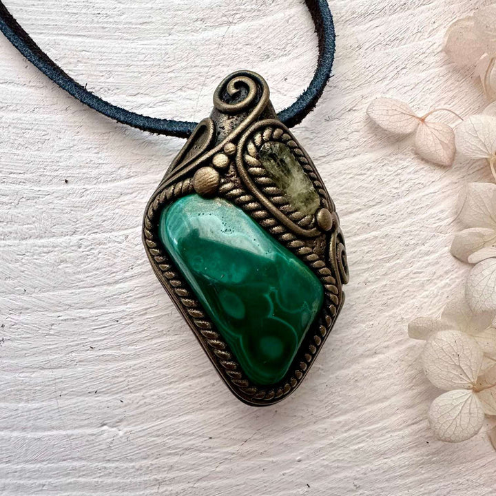 Malachite and Brazilianite Pendant Necklace - FairyGardenGlow