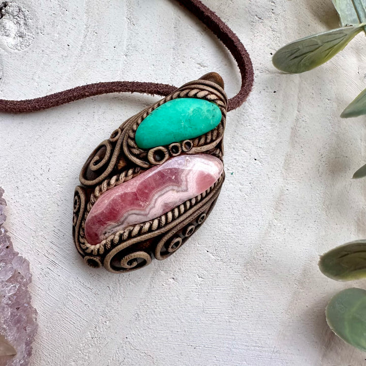 Spiritual necklace with rhodochrosite and chrysoprase