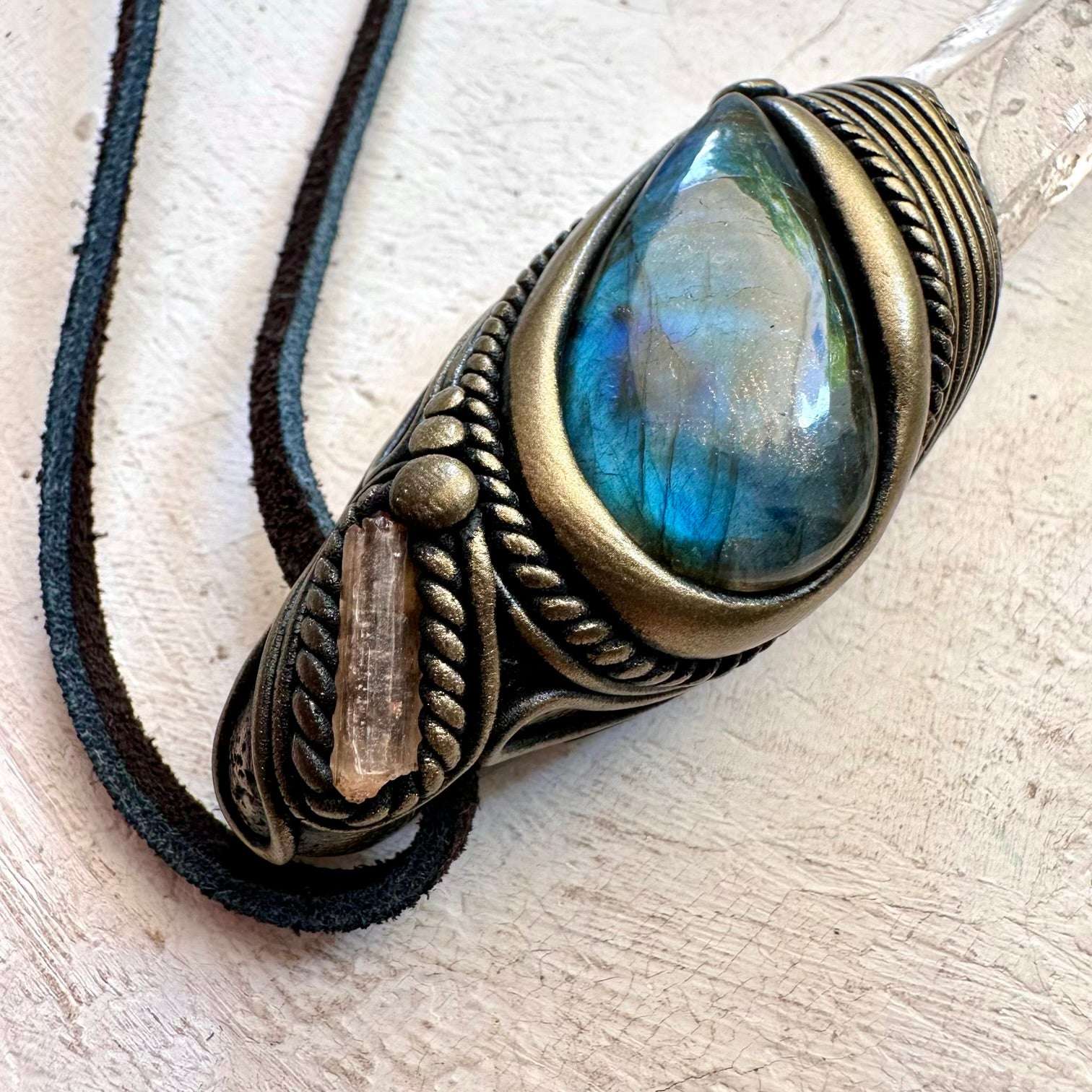 Lemurian Seed Quartz Labradorite Larimar and Imperial Topaz Crystal Wand / Pendant - FairyGardenGlow