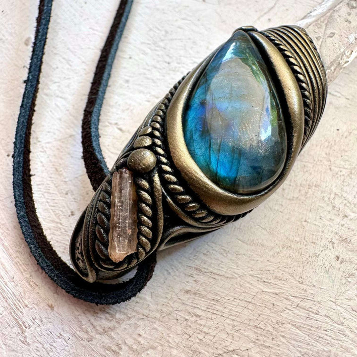 Lemurian Seed Quartz Labradorite Larimar and Imperial Topaz Crystal Wand / Pendant - FairyGardenGlow