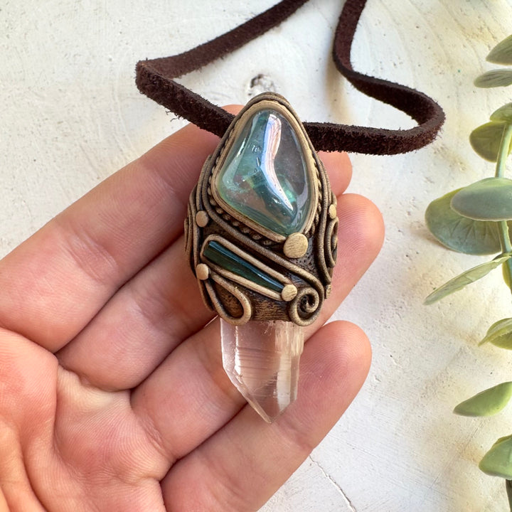 Healing stone pendant necklace with Aqua Aura Quartz and Blue Tourmaline